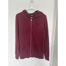 Victorias Secret PINK Full Zip Hoodie Maroon Burgundy Logo Sleeve XS
