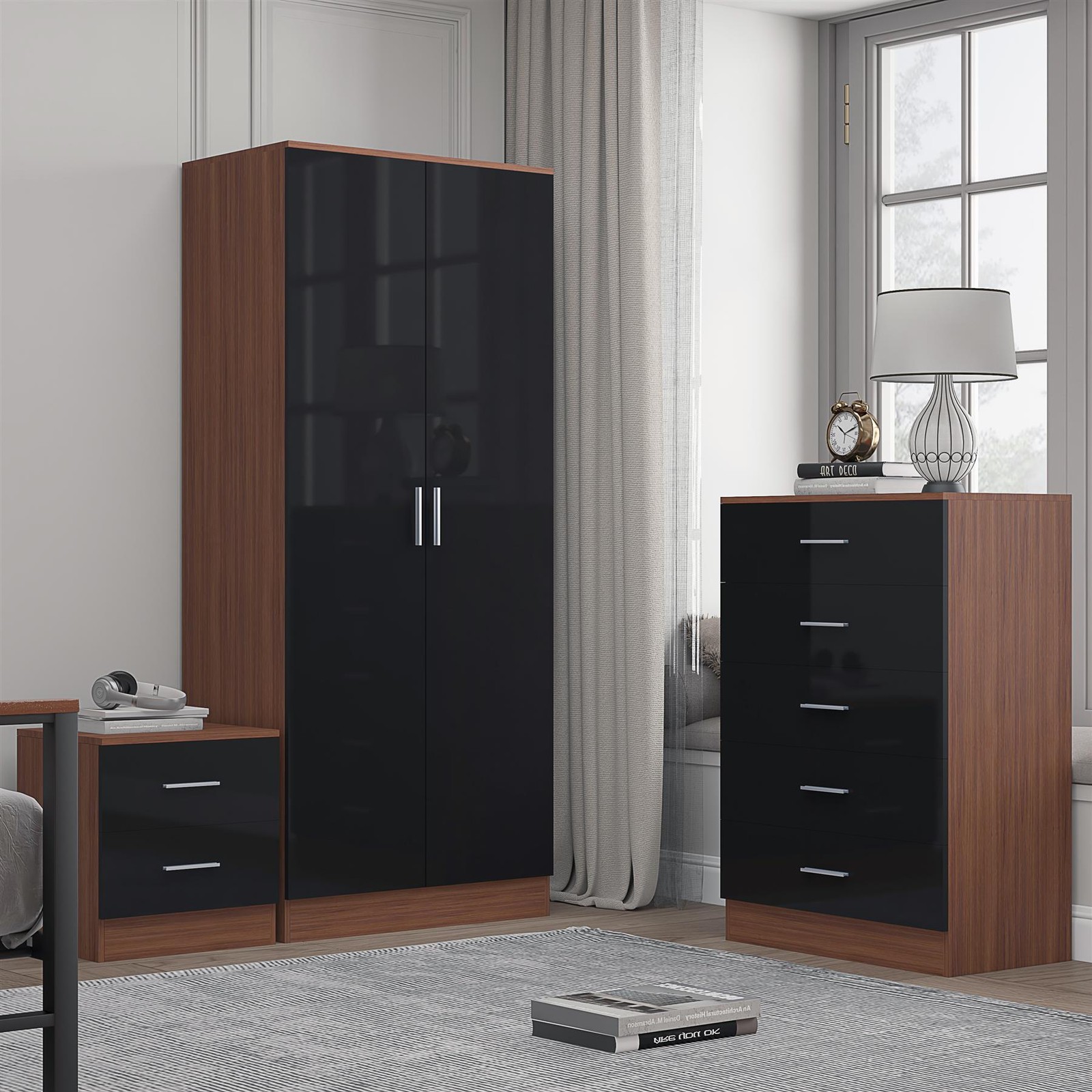 REFLECT 2dr Plain + Chest of Drawers + Bedside - Black/Walnut
