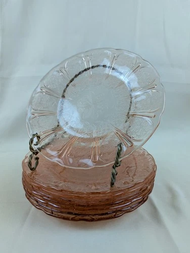 Great Set of 8 Jeanette Pink Cherry Blossom depression glass 9” Dinner Plates