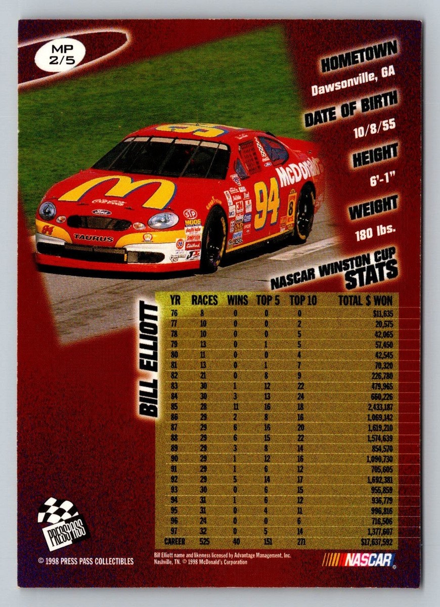 Bill Elliott パブミラー Bill Elliott McDonald's 1998 MoonPie Press Pass #94 NASCAR Racing