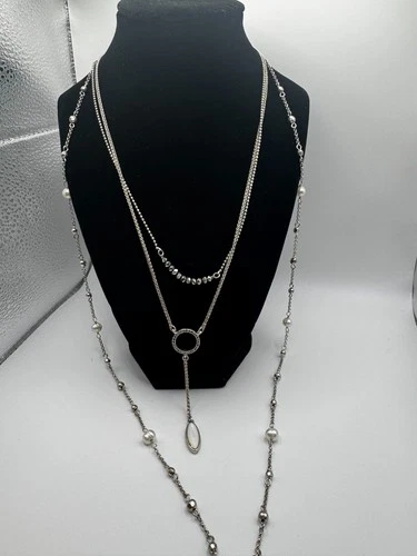 Lucky Brand Convertible Layered Necklace Silver Pearl Y-Lariat Multi Strand - product listing photo