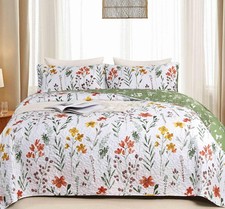 Quilt Set King Size 3 Pcs, White Floral Green Red Yellow Flower Leaf Spring Beds