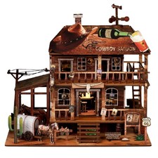 Book Nook Kit 3D Wooden Puzzle with Interactive LED Lights Cowboy Saloon
