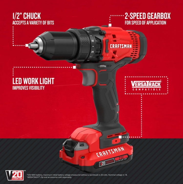 CRAFTSMAN V20 Cordless Drill/Driver Kit, 1/2 inch, Battery & Charger (CMCD700C1) eBay