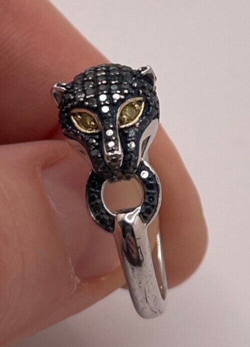 Sterling Silver Blue & Yellow Diamond Panther Jaguar Ring Size 8