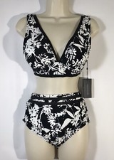 Tommy Hilfiger Women's Floral Design 2 Piece Bathing Suit Medium Black/White