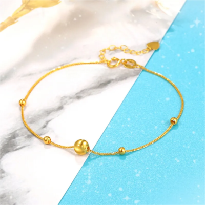 Pure Au750 18K Yellow Gold Chain Lucky Laser Beads Wheat Link