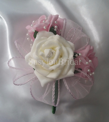 Rose Ivoire robe de mariage fleurs en Boutonnière Corsage rose perles ruban organza