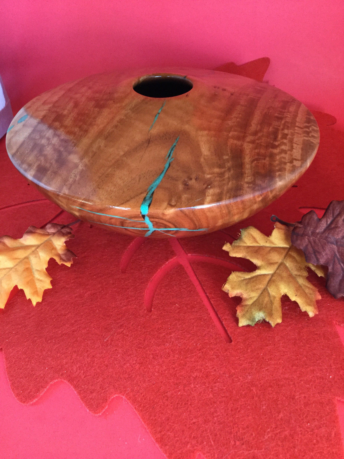 Painted Eucalyptus Wooden Bowl Inlaid with Turquoise by Gary Austin