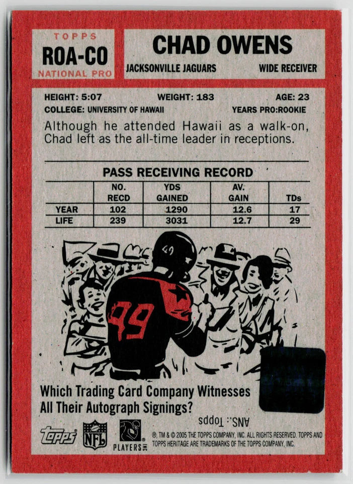 Chad Owens 2005 Topps Heritage ROA-CO Real One Autograph Jaguars - Image 2 of 2