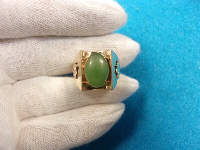 HANDSOME OLDER VTG ANTIQUE MEN'S 14K LIGHTLY ROSE GOLD & GREEN JADE/JADEITE RING
