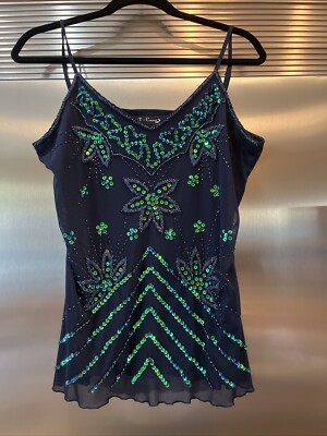 T-C FASHION TOP SEQUINS BEADS CAMI ADJ STRAPS DARK NAVY & GREEN BUST 36 SLIM MED