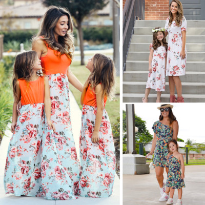 Mother Daughter Boho Striped Lace Long Maxi Dress Mom/&Me Family Matching Clothes