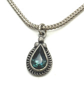 Jan Palmer Teal Blue Rhinestone Tear Drop Pendant Choker Necklace Silver Tone