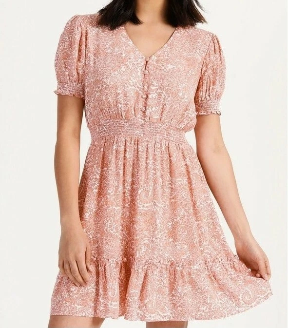 Tokito Petite Shirred Waist Mini Dress Orange Paisley Orchid Size