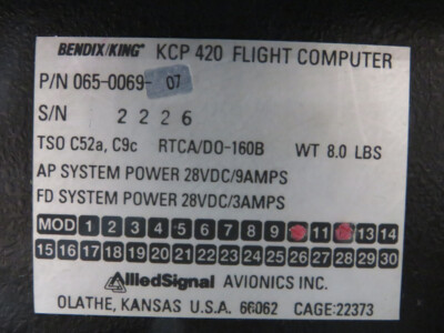 065-0069-07 Bendix King KCP-420 Flight Computer (Volts: 28 065-0069-07 Bendix King KCP-420 Flight Computer (Volts: 28