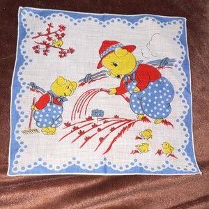 Cartoon Pig Chick Print Collectible Vintage Handkerchief White Blue Red Yellow