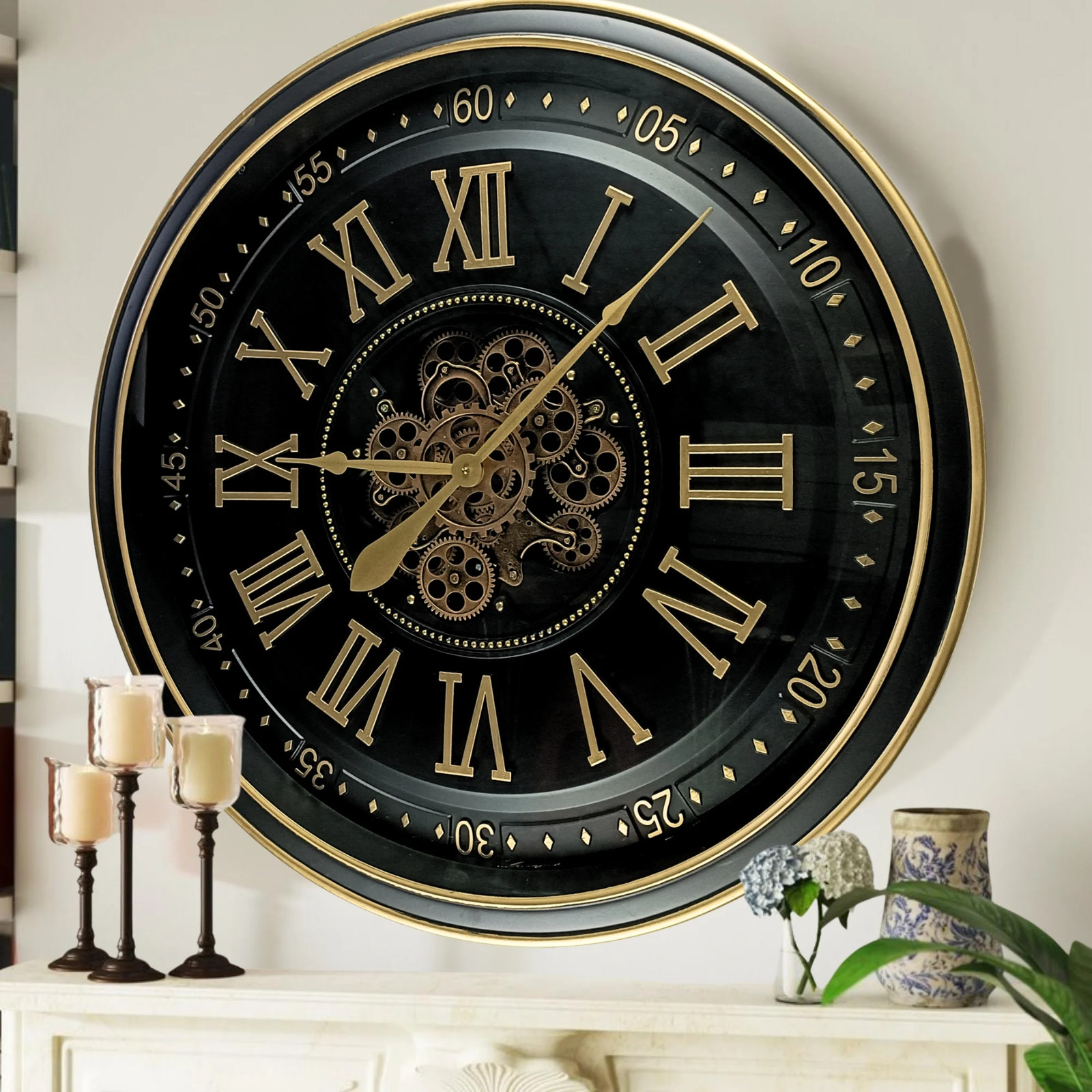 The Gears Clock IRELAND LINE WALL CLOCK ROUND 32 INCH "GALWAY" BLACK ANTIQUE