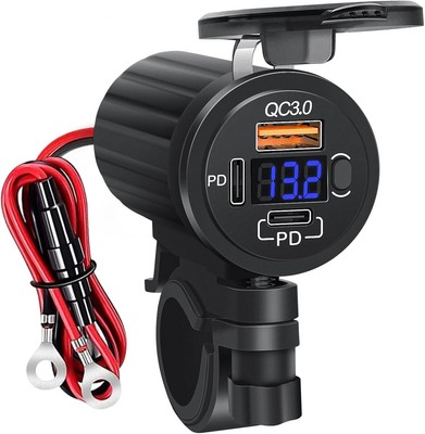 USB Charger Socket Dual PD3.0 & QC3.0 USB Port with Blue Digital Voltage Display