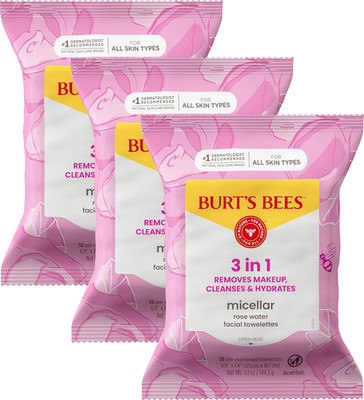 Burts Bees Micellar Rose Water Facial Towelettes, 100% Plant Based Cloth; 99% Na