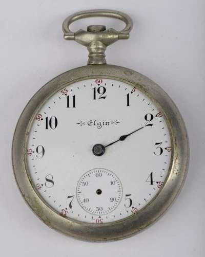 Antique Elgin Pocket Watch Nickel Silver Case 53.7mm  – Not Working
