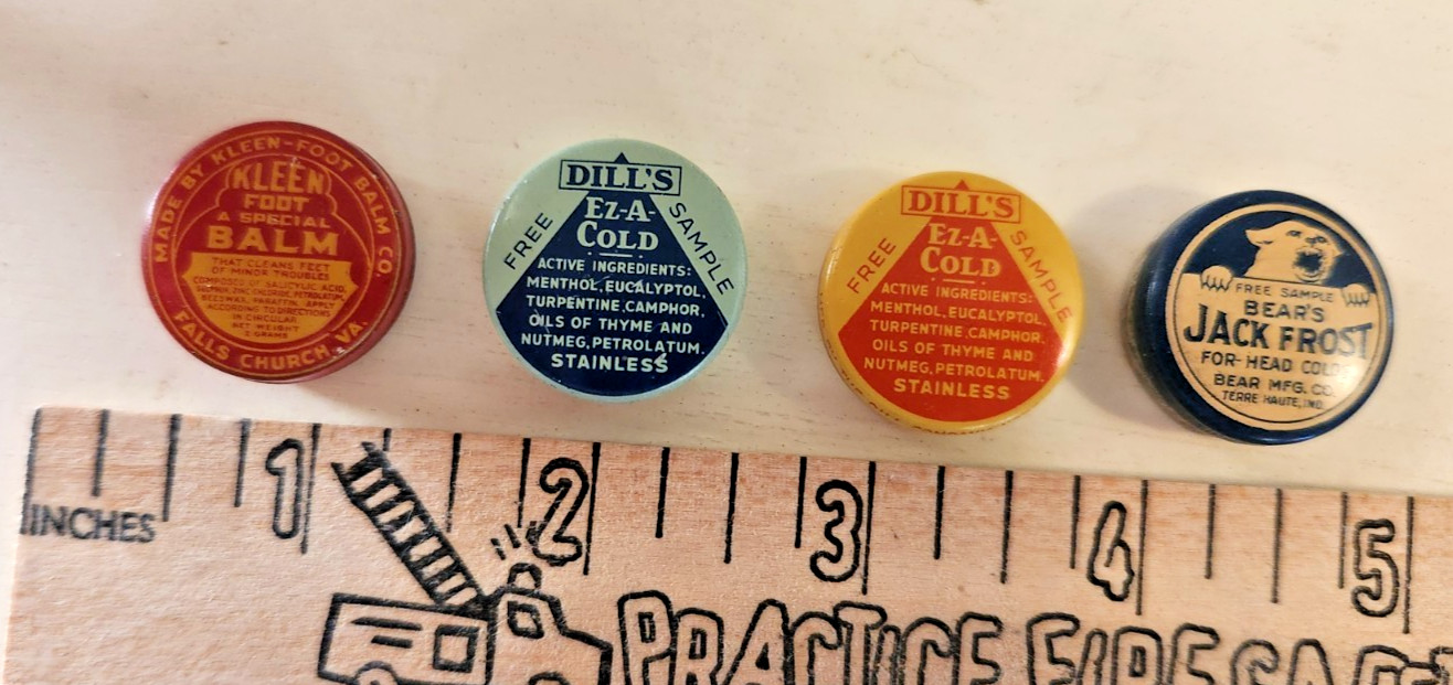 4 TINY small FREE SAMPLE vintage ointment, salve, cream, medicine tins tin