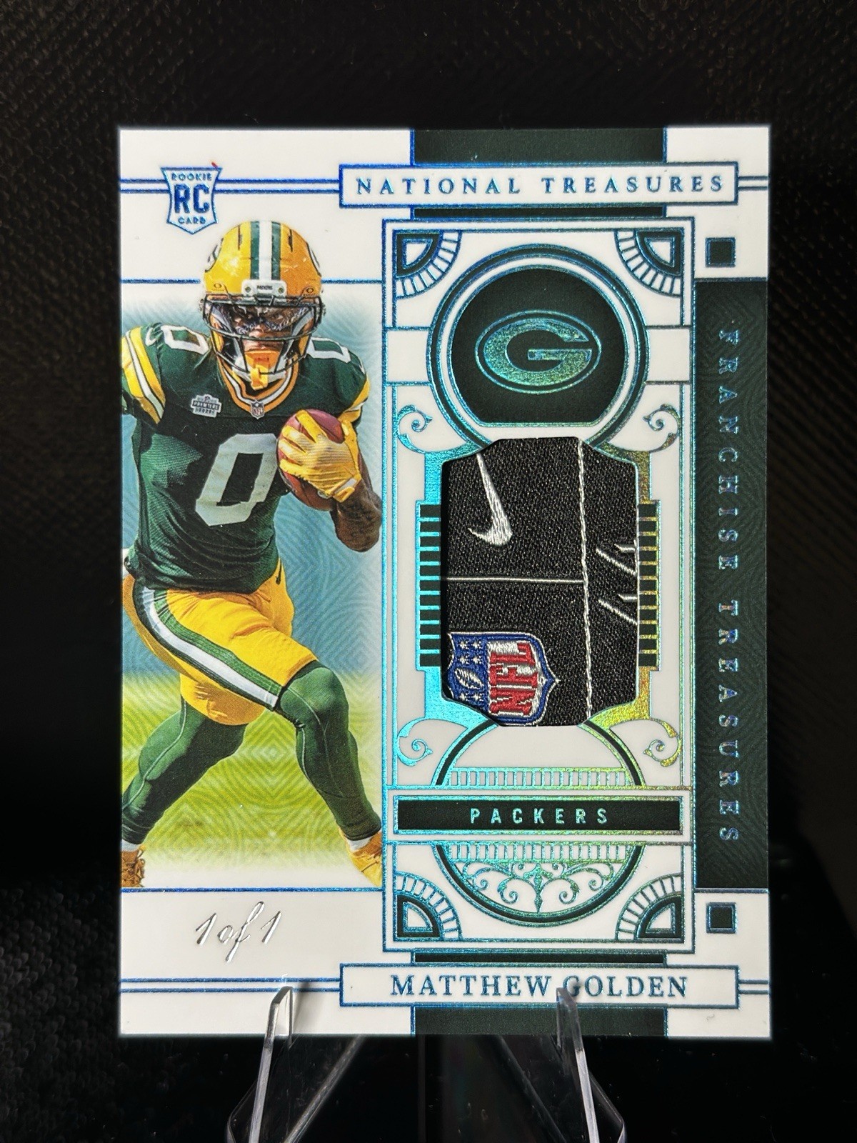 National Treasures Matthew Golden 1/1 Laundry Tag Green Bay Packers RC view 2