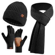 3PCS Winter Beanie Hat Scarf Touchscreen Gloves Set for Men Women, Black