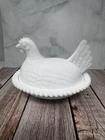 Vintage Milk Glass Hen In Nest Covered Dish Indiana Glass Style Beaded Rim