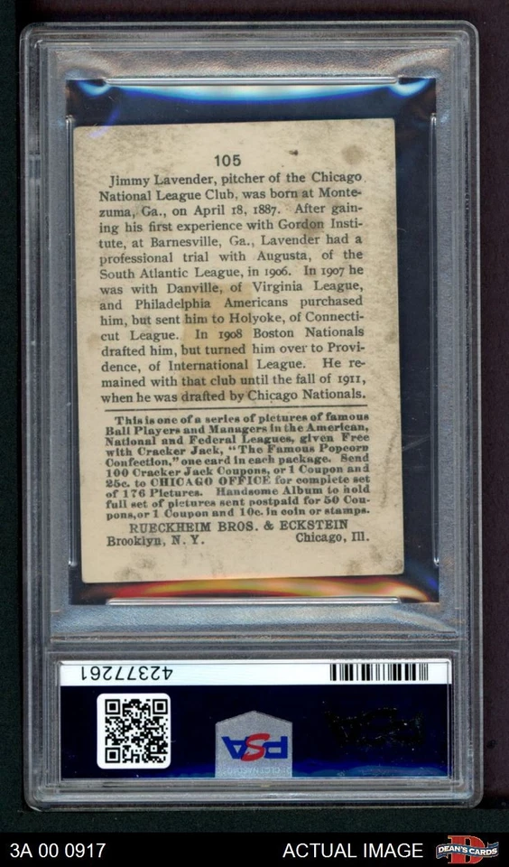 1915 Cracker Jack #105 James Lavender Cubs PSA 2 - GOOD - Image 2 of 2