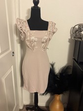 Women's Beige Solid Square Neck Ruffle Embroidered Zip Back Bodycon Mini S