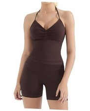 Women 2 Piece Seamless workout Sets Halter Backless Impact Medium Dark Brown