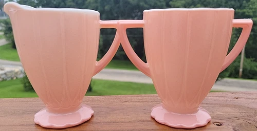 Vtg Hazel Atlas Pink Moderntone Cream & Sugar MCM milkglass kitchenware