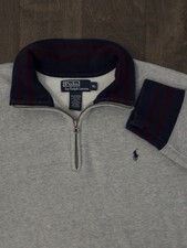 Polo Ralph Lauren Men Grey Knit Quarter Zip Pullover Navy Blue Pony Mock Neck XL