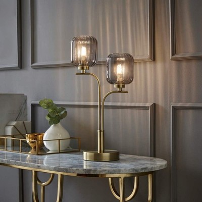 2 Wege Gold Tischlampe Gerippt Glas Lampenschirme Wohnzimmer Schlafzimmer Leuchte LED Birne