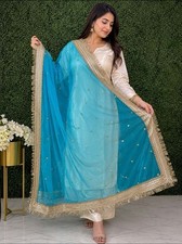 Sky Blue Fril Indian Designer Bollywood Style Net Dupatta