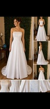 Strapless White Embroidered Beaded A-Line Wedding Dress with Train Buttons