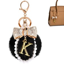 Gold Initial Keychain with Rhinestone Bow Black Pom Pom, Cute Letter Bag Ch...