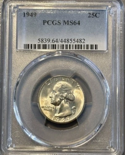 1949 P  Washington Silver Quarter, PCGS MS64, Philadelphia  Mint￼