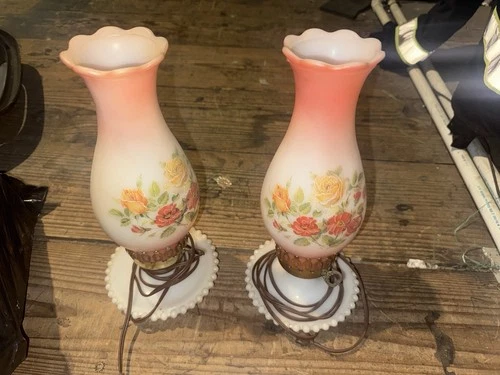 Vintage PAIR Set Pink Rose Hobnail Hurricane Lamp Key Knob Milk Glass Electric