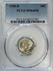 1938-D Mercury Dime, MS 64 FB PCGS, NR