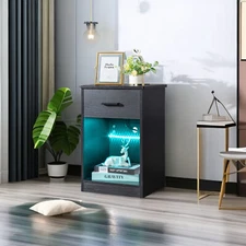 Led Nightstand with Charging Station, 1 Drawers Night Stand, Black Bedside Table