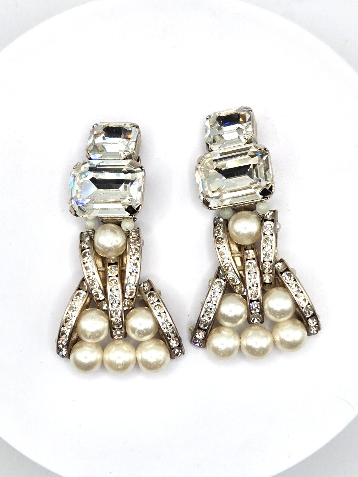 Vintage BOZART Made in ITALY Dangle Clip Earrings Rhinestones and Pearls 2.25"