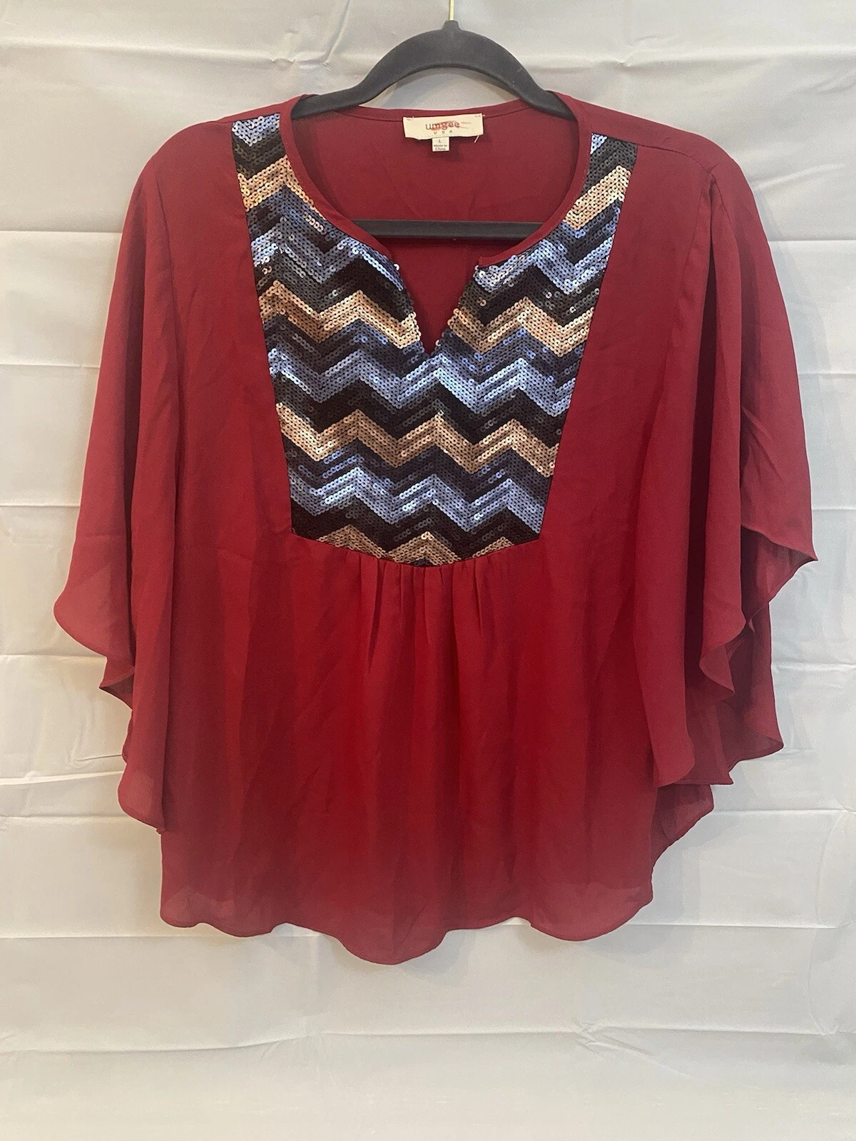 Umgee Top Womens L Poncho Boho Sequin Kimono Batwing Semi Sheer (120)