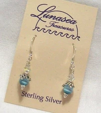 LUNASEA TREASURES AQUA CATS EYE GLASS & CRYSTAL BEADED STERLING SILVER EARRINGS