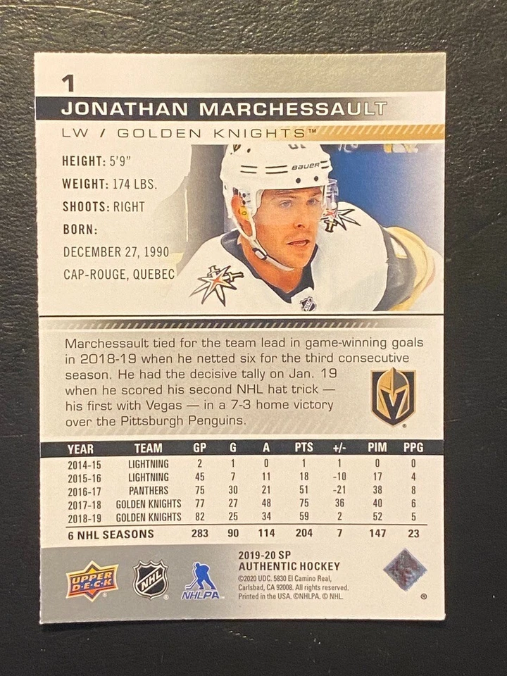 Jonathan Marchessault 2019-20 Upper Deck SP Authentic #1 Vegas Golden Knights - Image 2 of 2