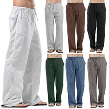 Men Linen Loose Straight Pants Beach Holiday Summer Casual Long Trousers