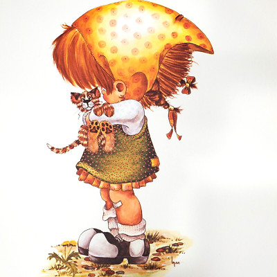70s Little Girl Wall Art Print Child Rescue Kitty Cat 11 x 14 inch Lithograph