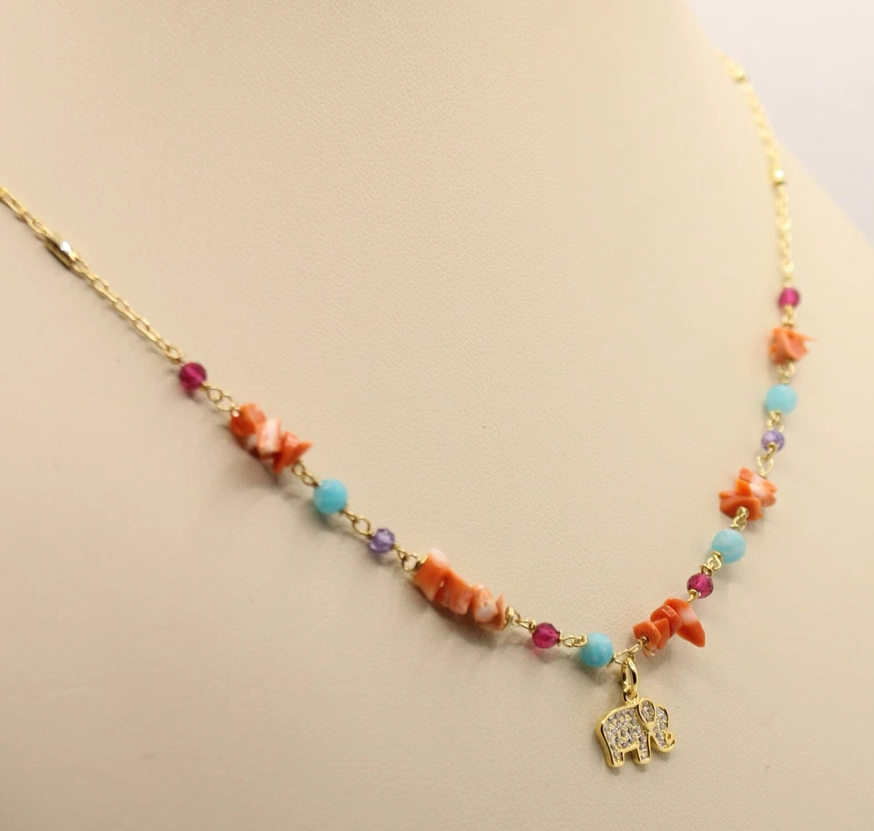 COLLANA ARGENTO DONNA SPINELLO AMAZZONITE CORALLO ELEFANTE ZIRCONI CM 40-45 - Immagine 3 di 4