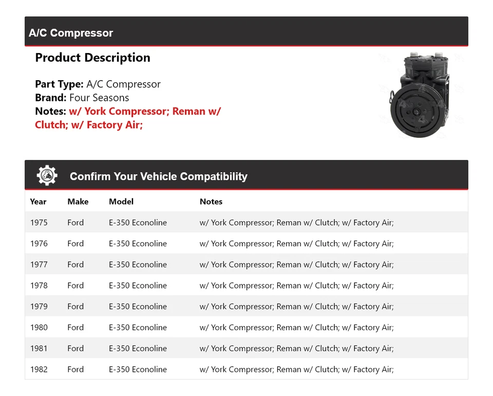 For 1975-1982 Ford E-350 Econoline A/C Compressor 4 Seasons 1976 1977 1978 1979 - Image 2 of 4